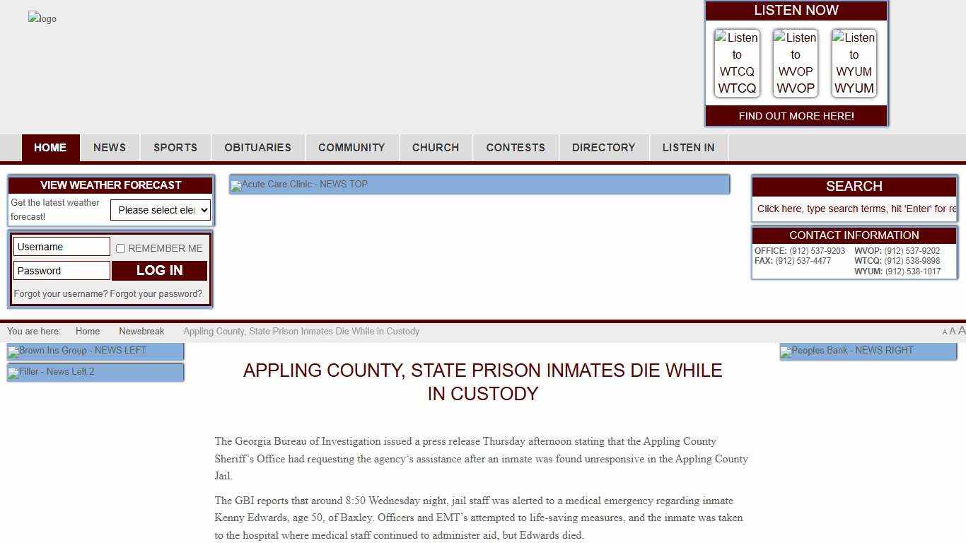 Appling County, State Prison Inmates Die While in Custody