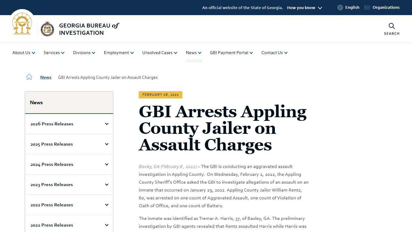 GBI Arrests Appling County Jailer on Assault Charges Georgia Bureau of Investigation